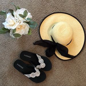 NWOT Black and Silver Wedge Flip Flops